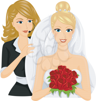 Royalty Free Clipart Image of a Woman With a Headset Helping a Bride