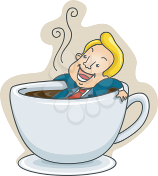 Royalty Free Clipart Image of a Man in a Cup of Hot Coffee