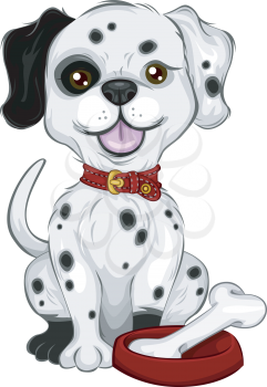 Royalty Free Clipart Image of a Dalmation With a Bone in a Bowl