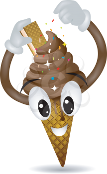 Royalty Free Clipart Image of a Chocolate Ice Cream Cone Adding Sprinkles and a Wafer