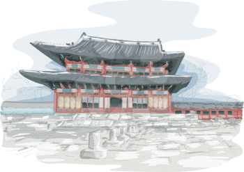 Royalty Free Clipart Image of a Sketch of Temple in Seoul, South Korea