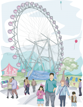 Royalty Free Clipart Image of People at an Amusement Park