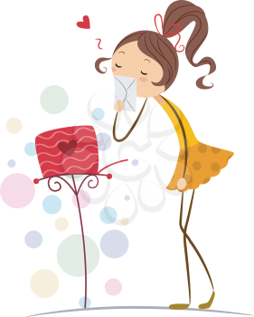 Royalty Free Clipart Image of a Girl Kissing a Letter She's About to Mail