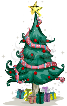 Royalty Free Clipart Image of a Christmas Tree With Gifts Below