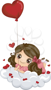 Royalty Free Clipart Image of a Girl Lying on a Cloud Holding a Heart Balloon