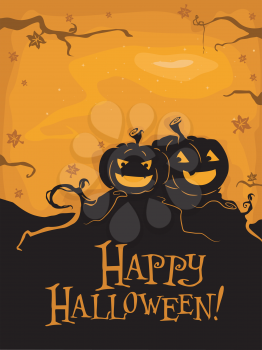 Royalty Free Clipart Image of a Jack-o-Lantern Silhouettes on a Happy Halloween Greeting
