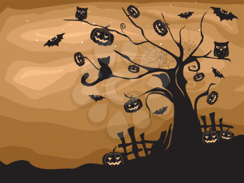 Royalty Free Clipart Image of a Halloween Tree With Bats Owls Cats and Pumpkins