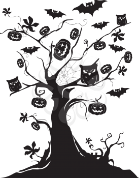 Royalty Free Clipart Image of a Halloween Tree with Bats, Pumpkins, and Owls