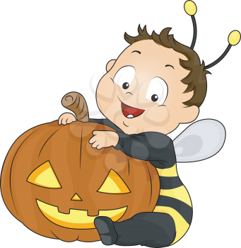 Royalty Free Clipart Image of a Boy in a Bee Costume With a Jack-o-Lantern