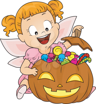 Royalty Free Clipart Image of a Girl in a Fairy Costume Looking at Her Treats