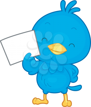 Royalty Free Clipart Image of a Little Bird Holding a Blank Piece of Paper