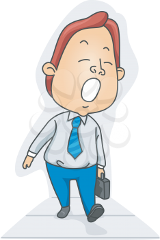 Royalty Free Clipart Image of a Sleepy Man Walking With a Briefcase