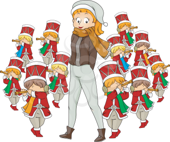 Royalty Free Clipart Image of a Woman With Eleven Pipers