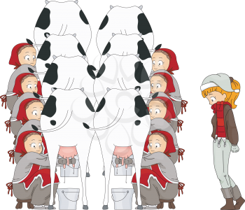 Royalty Free Clipart Image of a Girl Watching Eight Maids Milking