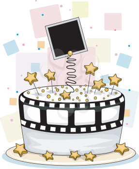 Royalty Free Clipart Image of a Cake With a Film and Star Theme