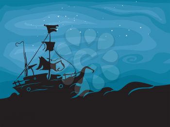 Royalty Free Clipart Image of a Silhouette of a Ghost Ship