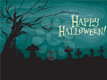 Royalty Free Clipart Image of a Happy Halloween Greeting With a Graveyard