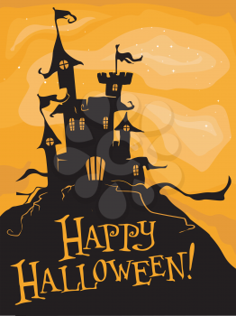 Royalty Free Clipart Image of a Creepy Looking Castle on a Halloween Greeting