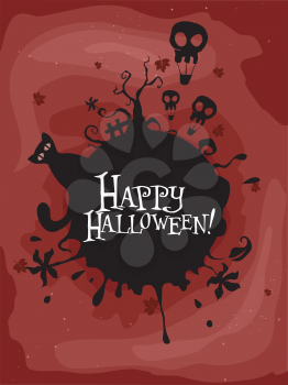 Royalty Free Clipart Image of a Halloween Frame With a Cat Skull and Dead Tree