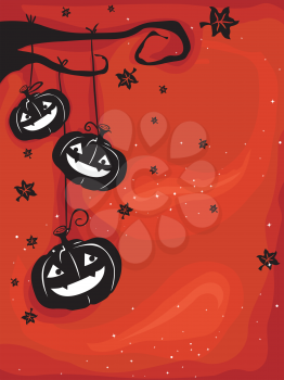 Royalty Free Clipart Image of a Halloween Greeting With Jack-o-Lanterns Hanging From a Tree