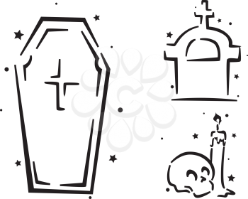 Royalty Free Clipart Image of a Casket, Tombstone, Candle and Skull