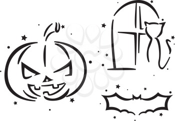 Royalty Free Clipart Image of a Jack-o-Lantern, a Cat and a Bat