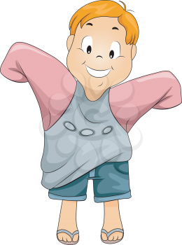 Royalty Free Clipart Image of a Child Putting on a Big Shirt