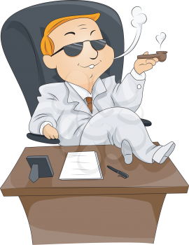 Royalty Free Clipart Image of a Man Smoking a Pipe at a Desk