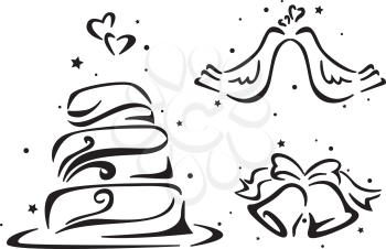 Royalty Free Clipart Image of a Wedding Cake, Bells and Doves