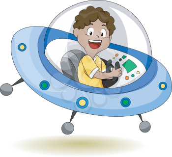 Royalty Free Clipart Image of a Child in a Flying Saucer