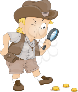 Royalty Free Clipart Image of a Little Boy Searching With a Magnifying Glass
