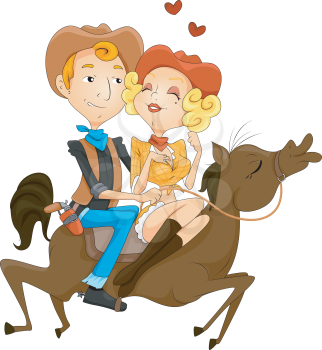 Royalty Free Clipart Image of a Cowboy and Cowgirl on a Horse