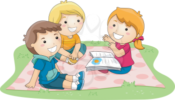 Royalty Free Clipart Image of a Girl Reading to Two Boys Outdoors