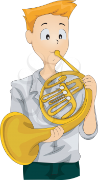 Royalty Free Clipart Image of a Boy Playing a French Horn