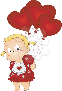 Royalty Free Clipart Image of a Girl Holding Valentine Balloons
