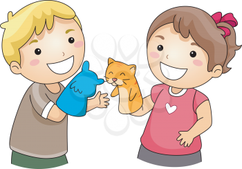 Royalty Free Clipart Image of Children Playing With Sock Puppets