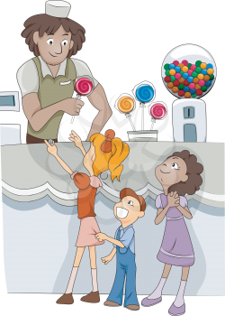 Royalty Free Clipart Image of Kids in a Candy Store