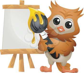 Royalty Free Clipart Image of an Owl With a Paintbrush