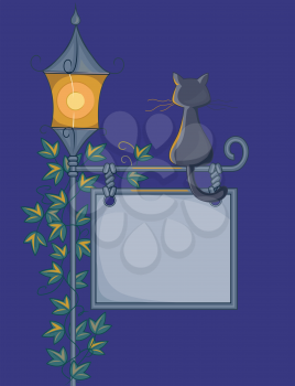 Royalty Free Clipart Image of a Cat on a Sign at a Streetlight