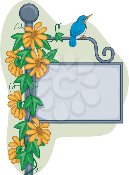 Royalty Free Clipart Image of a Bird on a Sign Post