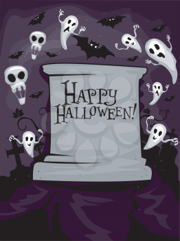 Royalty Free Clipart Image of a Happy Halloween Greeting on a Tombstone