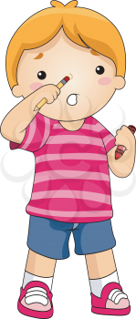 Royalty Free Clipart Image of a Little Boy With a Pencil Up His Nose