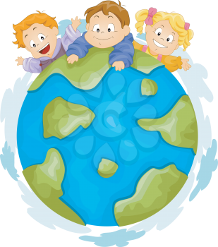 Royalty Free Clipart Image of Three Kids on a Top of a Globe