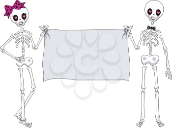 Royalty Free Clipart Image of a Skeleton Boy and Girl Holding a Banner