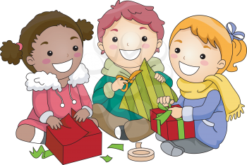 Royalty Free Clipart Image of a Child Wrapping Gifts