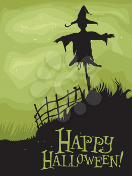 Royalty Free Clipart Image of a Halloween Greeting With a Scarecrow