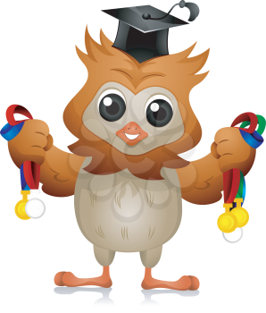 Royalty Free Clipart Image of an Owl Holding Medals