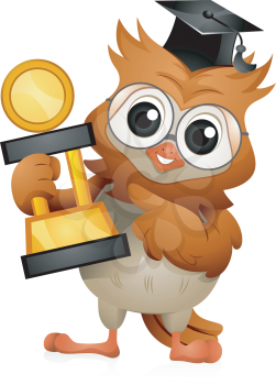 Royalty Free Clipart Image of an Owl in a Cap With a Trophy