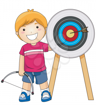 Royalty Free Clipart Image of a Boy With an Arrow in a Target