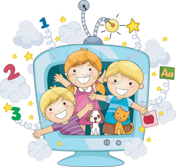 Royalty Free Clipart Image of Children Coming Out of a TV